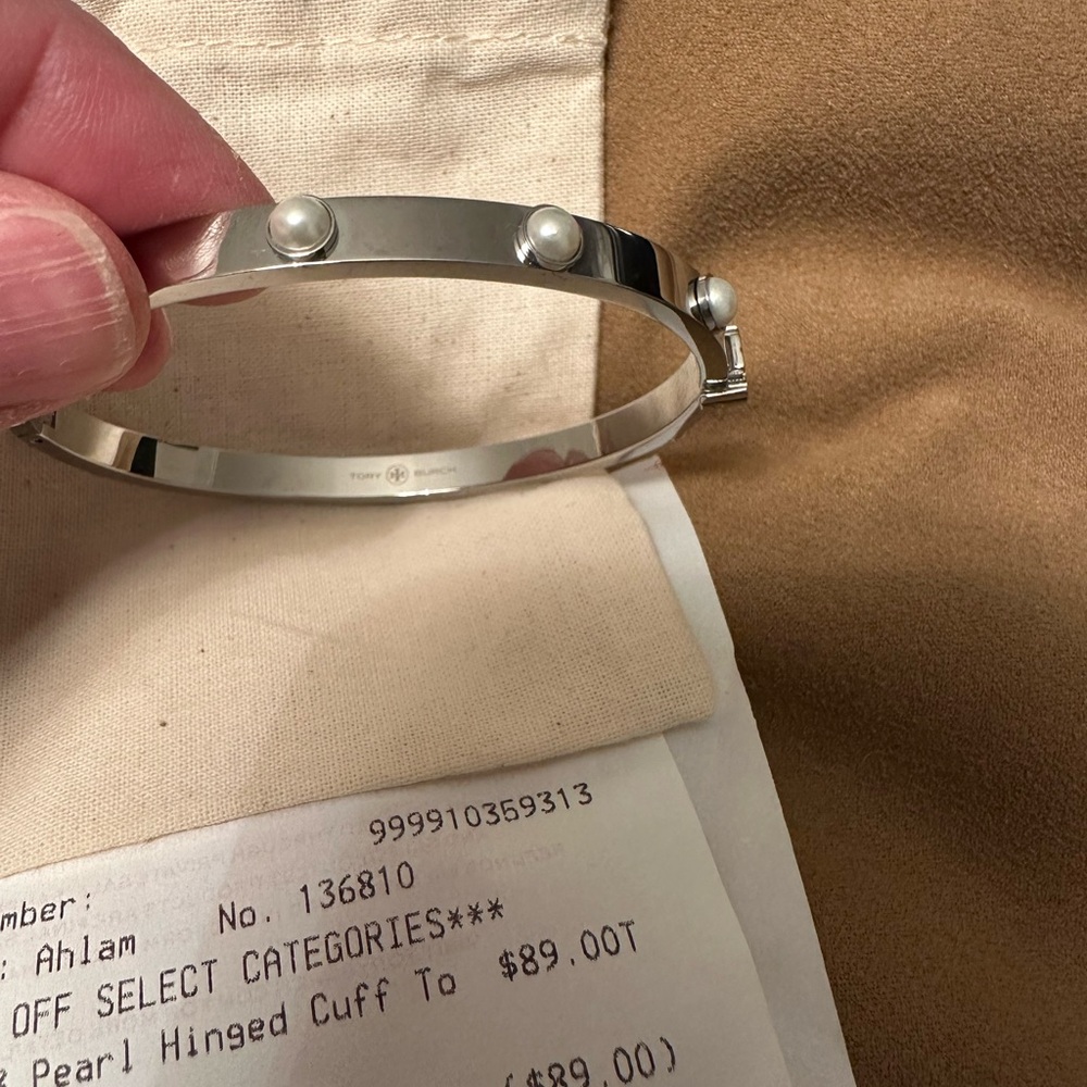 Tory Burch Silver Hinged Bangle Bracelet with Pearl Accents - Picture 5 of 9